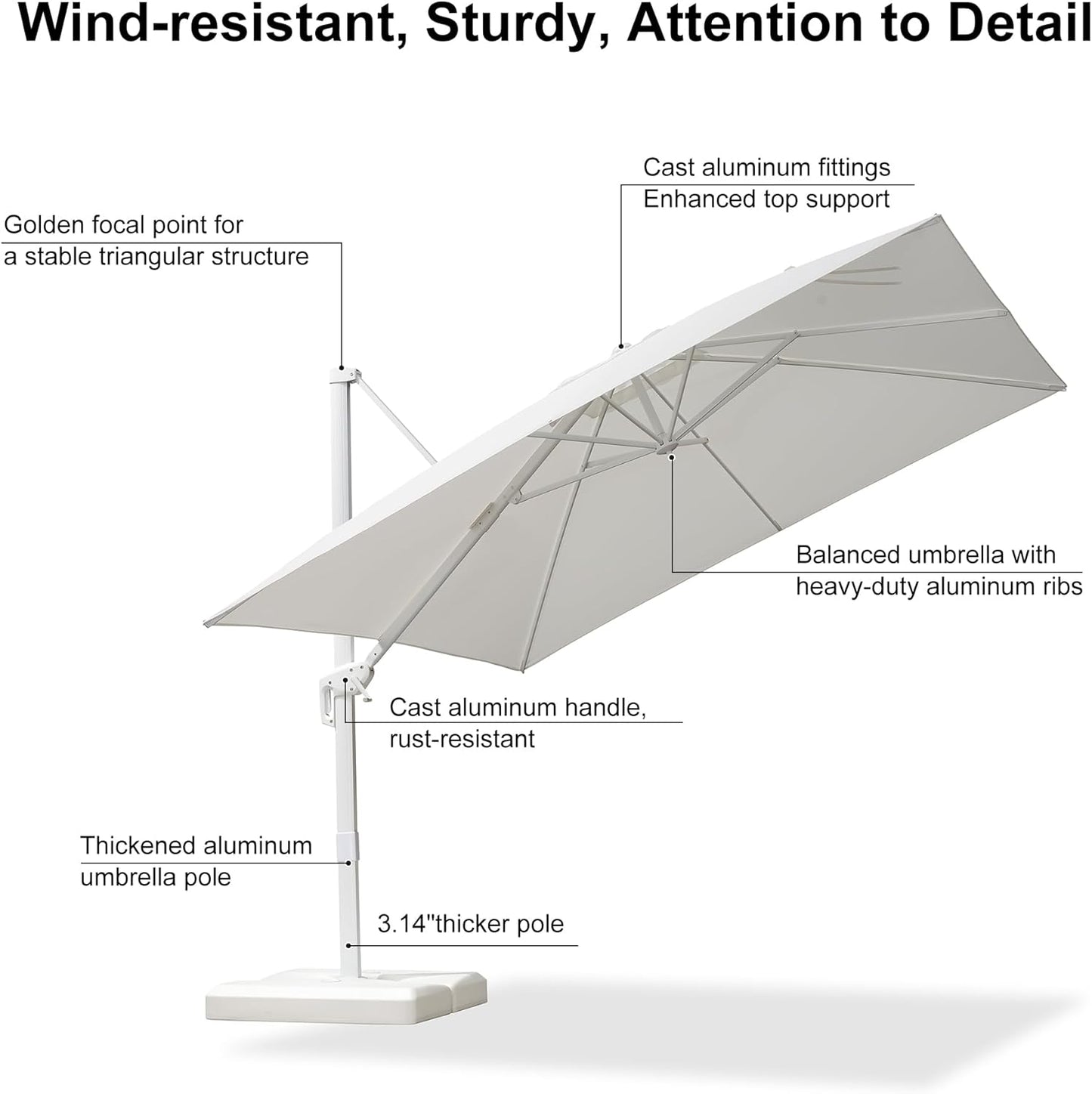 PURPLE LEAF 10 FT Patio Umbrella White Cantilever Umbrella Aluminum Square Outdoor Offset Umbrella Hanging Windproof with 360° Rotation for Garden Deck Pool, White