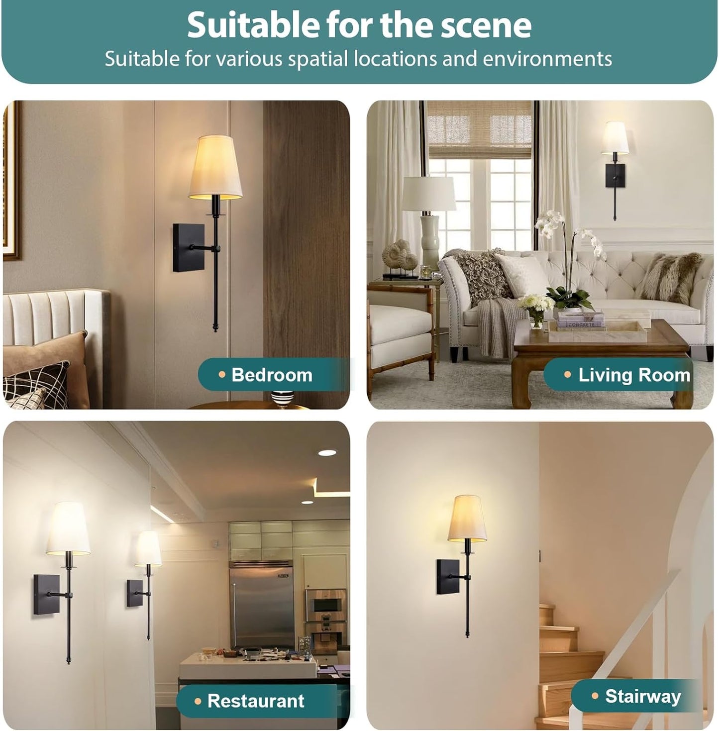 Set of 2 Rechargeable Battery Operated Wall Sconces with Remote Control, No Wiring 3000/4000/6000K Dimmable Wall Light with White Fabric Shade and Black Long Slim Arm