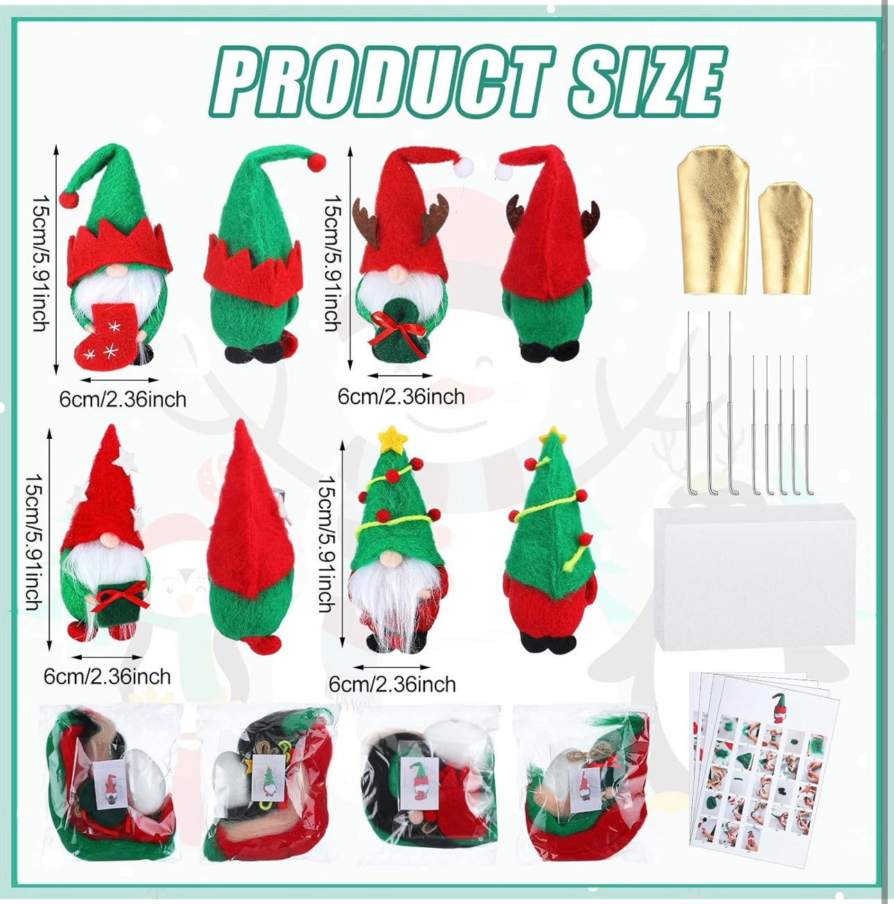 Preboun 4 Pack Christmas Needle Felting Kit Gnome Needle Felting Starter Kit with Basic Felt Tools for Beginners, Adult DIY Wool Needle Felting Supplies with Instructions Xmas Festival Crafts Gift