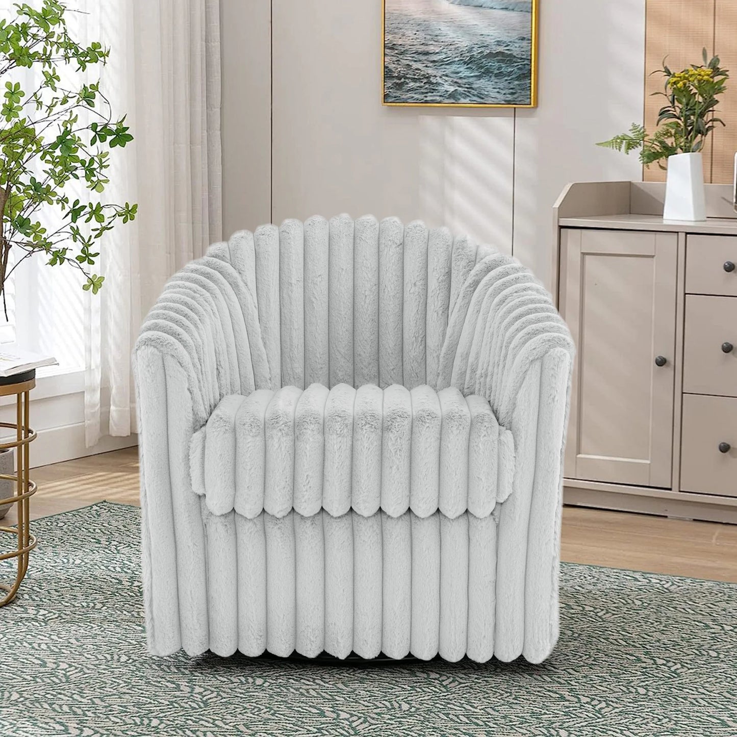 Swivel Barrel Accent Chair, Round Faux Fur Fabric Armchair for Living Room, Bedroom, Comfy Modern Mid Century Reading Chair for Adults (Grey, Set of 1)