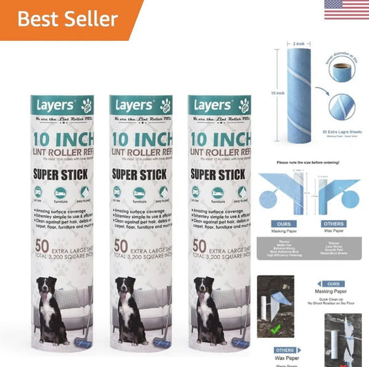 Universal Fit Lint Roller Refill - 10-inch Wide Coverage, Sticky - 3 Packs