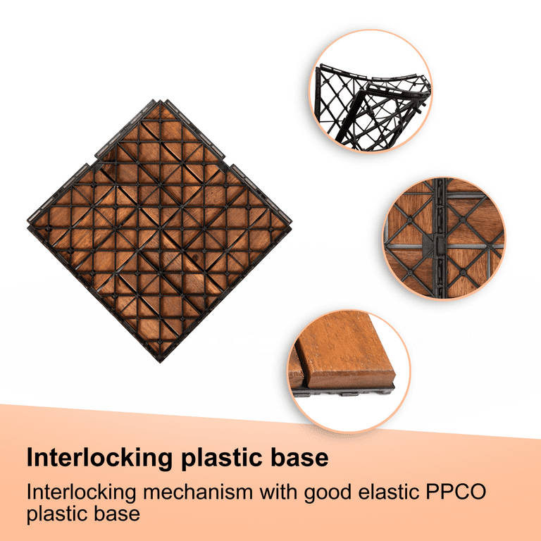 Solid Wood Patio Deck Tiles, Pack of 10, 12"x12" Square Interlocking Flooring Tiles, Acacia Wood Composite Decking Floor Tiles Indoor Outdoor, Floor Tile for Garden Poolside Backyards