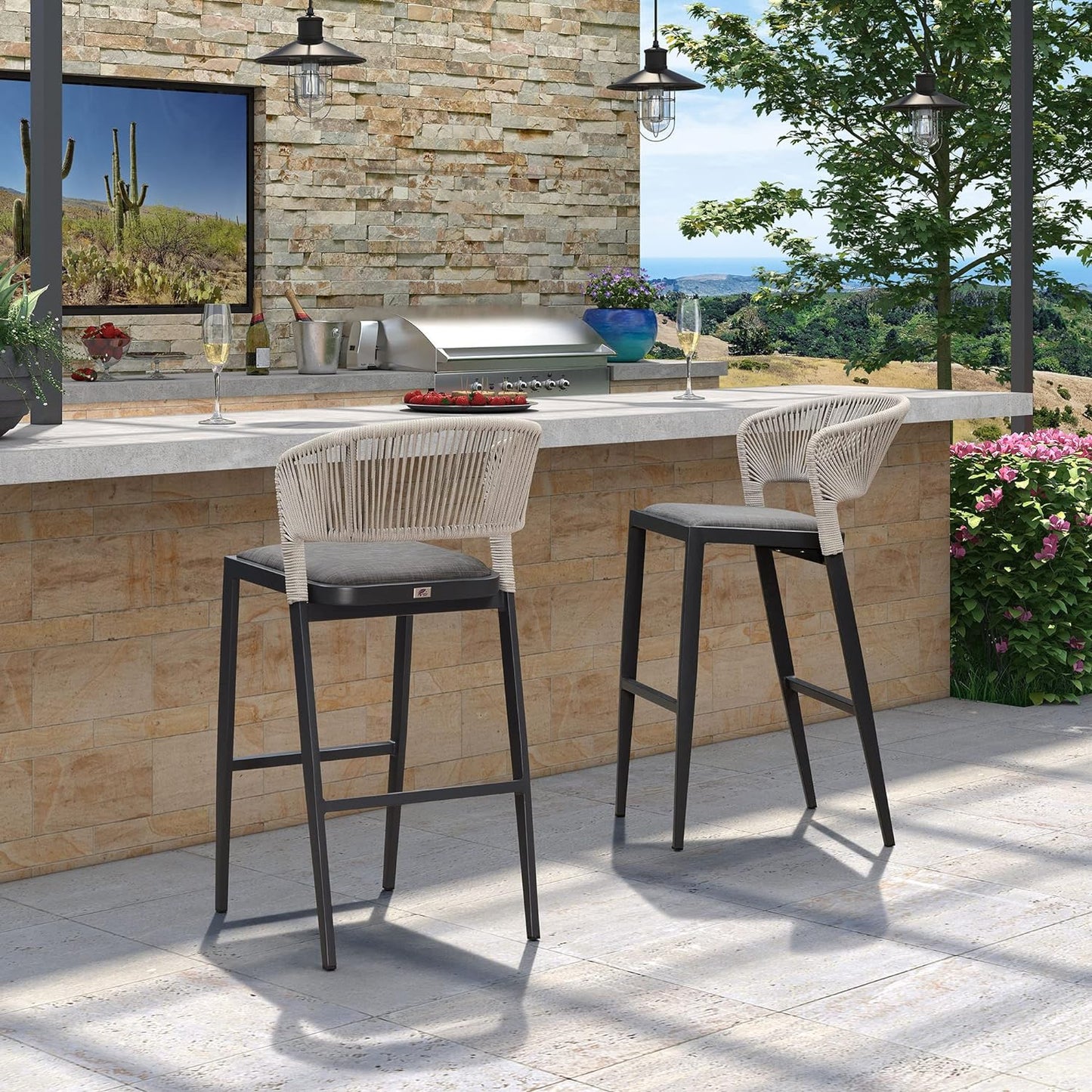 PURPLE LEAF Bar Stool Set of 2. Outdoor Rattan Bar Chair Aluminum Counter Height Stool Dark Grey.24.8”