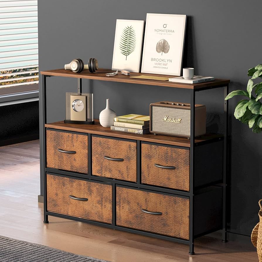 TV Stand for Bedroom, TV Dresser for 45 inches, Media Console Table, ETV Stand for Bedroom, TV Dresser for 45 inches, Media Console Table, Entertainment Center with 5 Fabric Drawers Cabinet and Open Storage Shelf Furniture Cabinet for Living Room, Hallway
