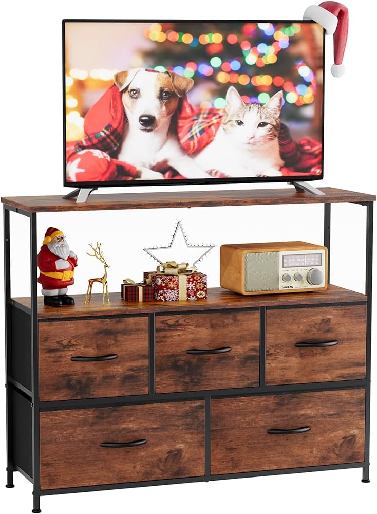 TV Stand for Bedroom, TV Dresser for 45 inches, Media Console Table, ETV Stand for Bedroom, TV Dresser for 45 inches, Media Console Table, Entertainment Center with 5 Fabric Drawers Cabinet and Open Storage Shelf Furniture Cabinet for Living Room, Hallway
