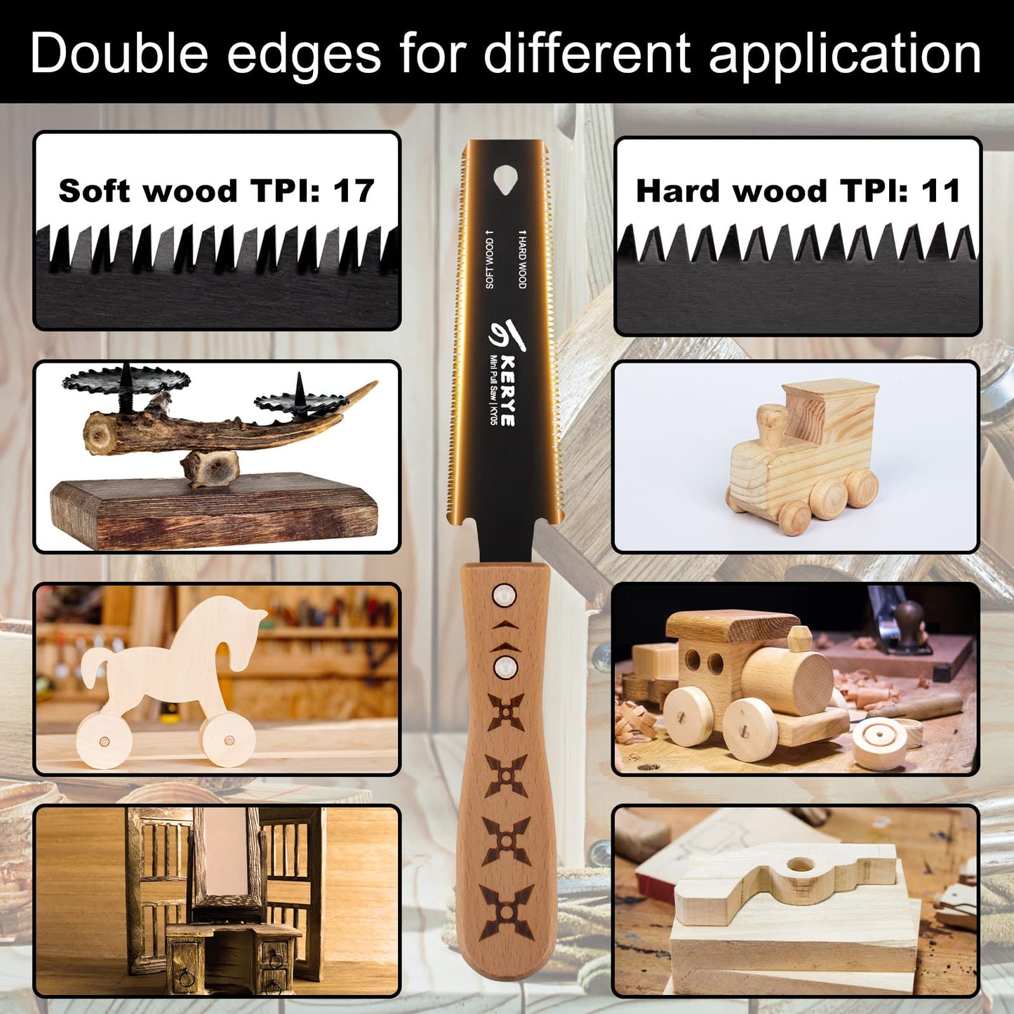 Mini Hand Saw Woodworking Tools, Small 6 Inch Japanese Pull Saw with Double Edges of 11/17 TPI, Flush Cut Saw for Hardwoods/Softwoods, Light Wood Saw as Gifts for Men/Women-KY05