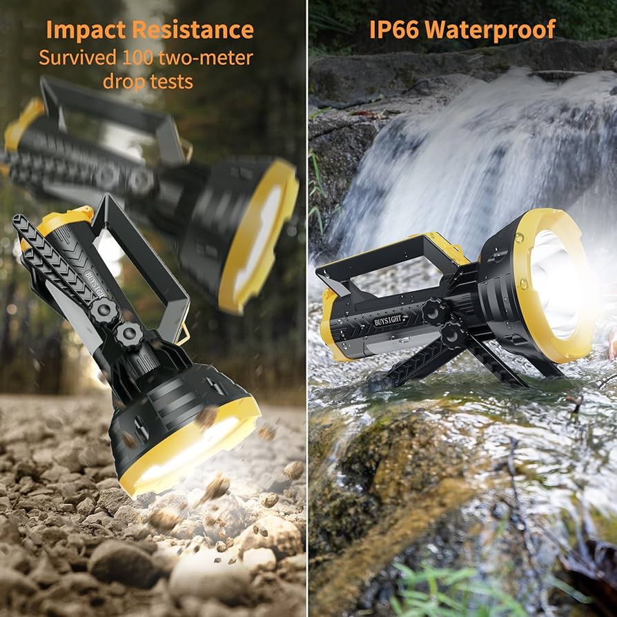 Rechargeable Spotlight Flashlight, 1000,000 lumens 600 Yards Range IP65 Waterproof Spot Lights Handheld Large searchlight with red Lens Side Flood Light Light USB C Recharge (Bright Yellow)