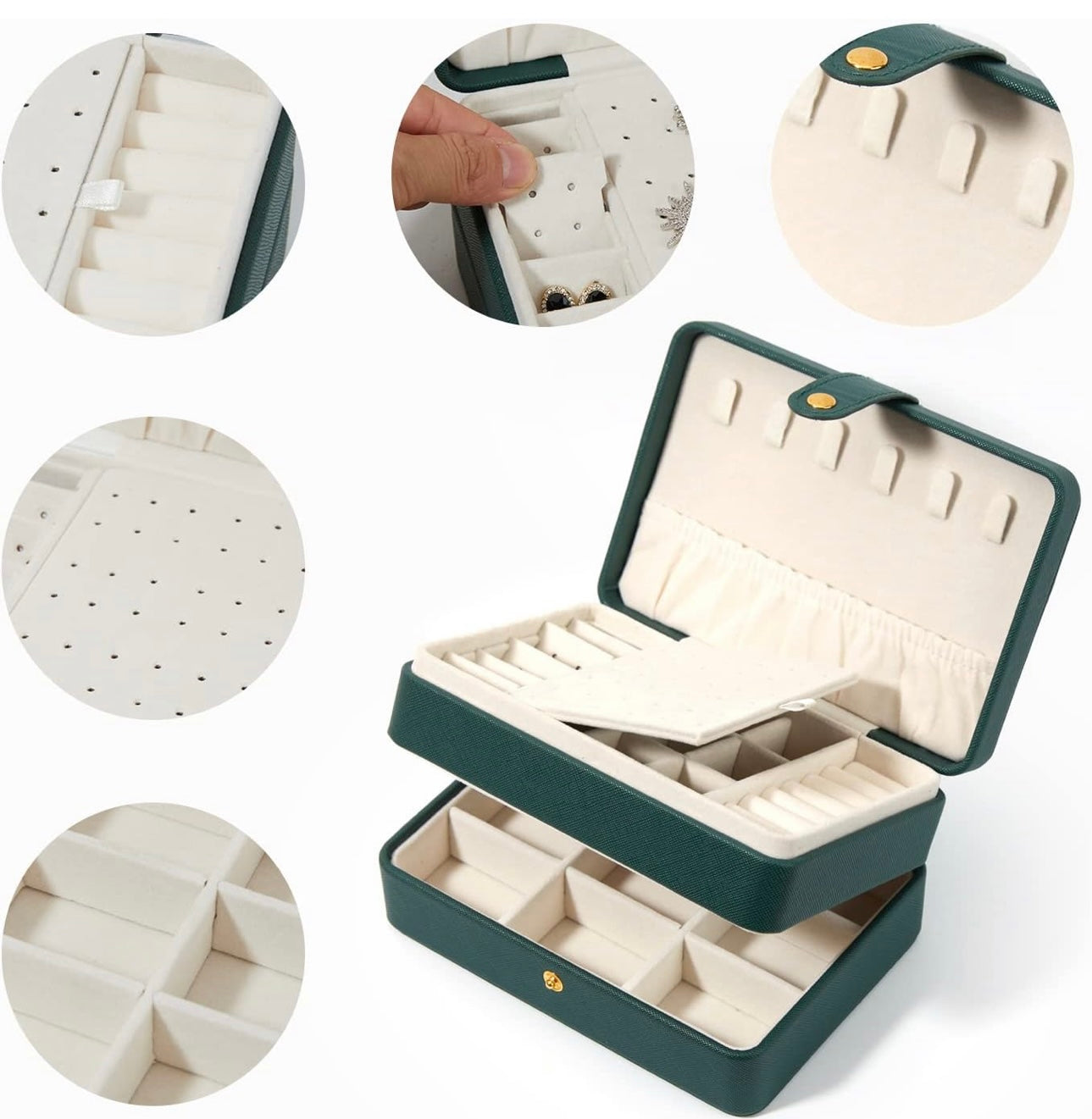 Jewelry Box, PU Leather Travel Jewelry Organizer Case for Women Girls, 2 Layers Portable Jewelry Storage Organizer for Stud Earrings, Rings, Necklaces, Bracelets. Green