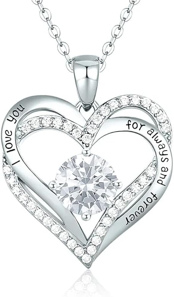 Forever Love Heart Pendant Necklaces for Women 925 Sterling Silver with Birthstone Zirconia, Christmas Birthday Anniversary Jewelry Gift for Women Wife Girls Her