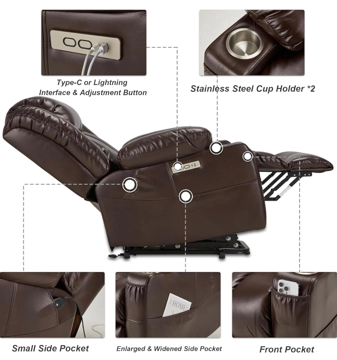 Large Power Lift Recliner Chair with Massage and Heat for Elderly, Overstuffed Wide Recliners, Genuine Leather with Breathable microporous, USB Ports, 2 Cup Holders (Brown)
