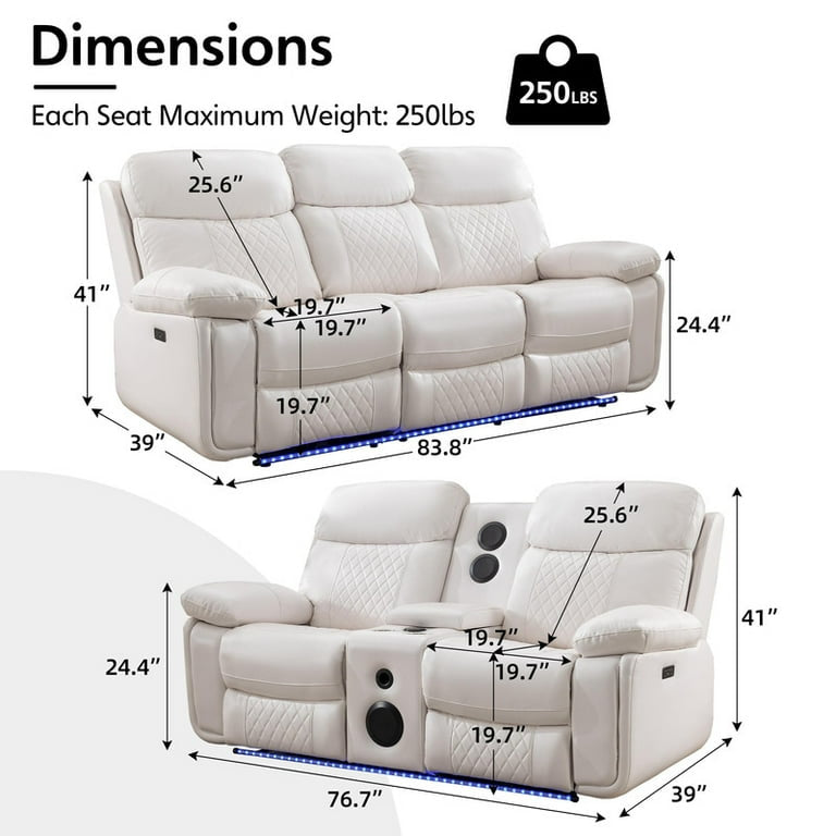2PCS Power Recliner Sofa Sets with Bass Speaker,Wireless Charger LED Light,USB Port