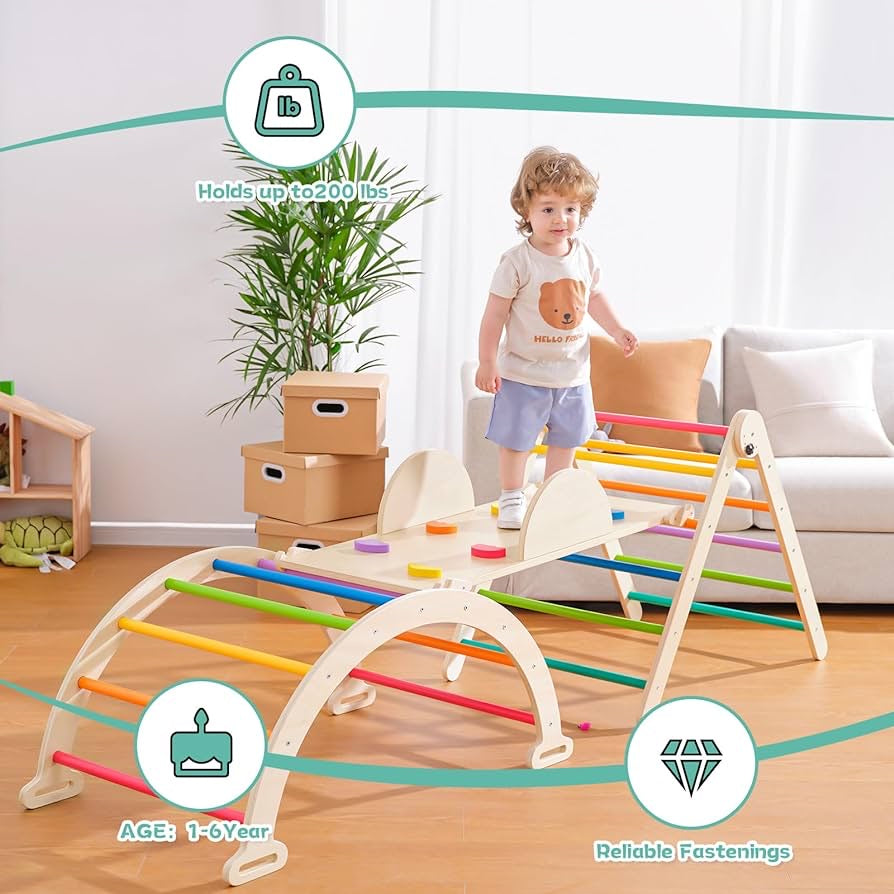 5 in 1 Pikler Triangle Set, Foldable Large Size Baby Climbing Toys Ind5 in 1 Pikler Triangle Set, Foldable Large Size Baby Climbing Toys Indoor Gym for Toddlers Wooden Montessori Climbing Set, Adjustable Height Pikler Triangle, Kids Toys with Ramp Sliding