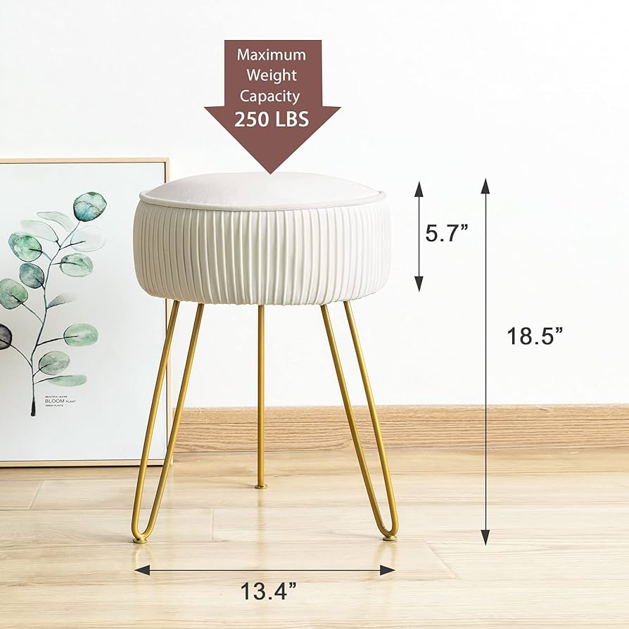 Pleated Vanity Stool, Velvet Upholstered Vanity Stool for Makeup Room, Round Mondern Stool for Vanity, Ottoman Footrest Stool with Metal Legs for Living Room, Bedroom, Beige