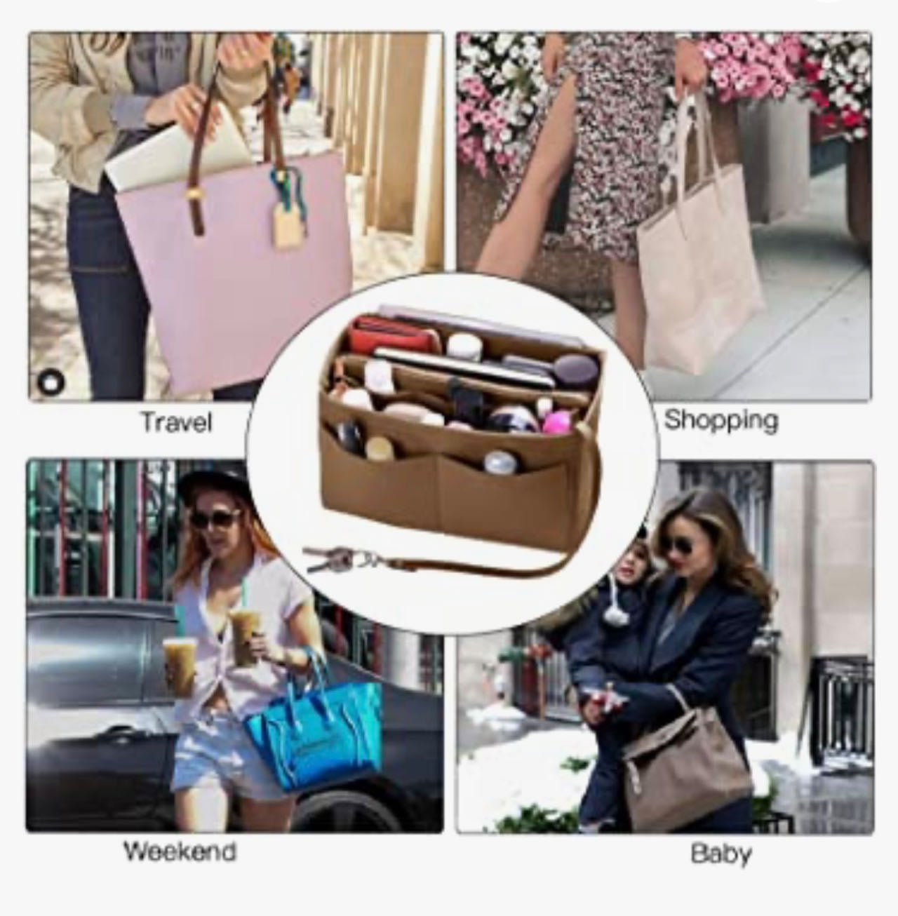 Purse Organizer Insert, with zipper, Handbag & Tote Shaper,Brown