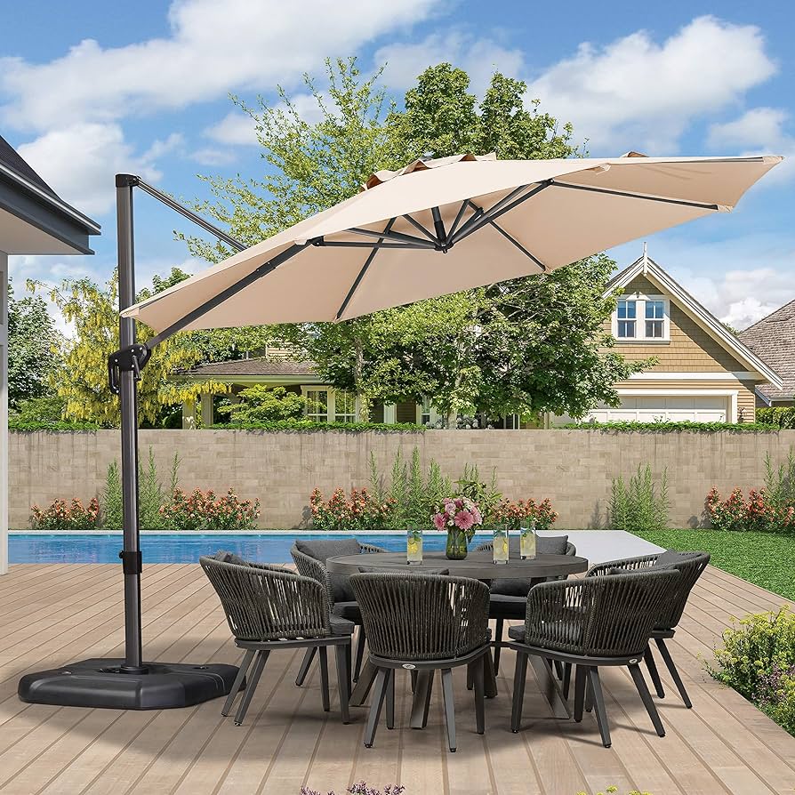 PURPLE LEAF 11 Feet Patio Umbrella Outdoor Cantilever Round Umbrella Aluminum Offset Umbrella with 360-degree Rotation for Garden Deck Pool Patio, Beige