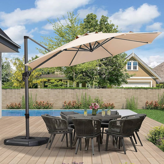 PURPLE LEAF 11 Feet Patio Umbrella Outdoor Cantilever Round Umbrella Aluminum Offset Umbrella with 360-degree Rotation for Garden Deck Pool Patio, Beige