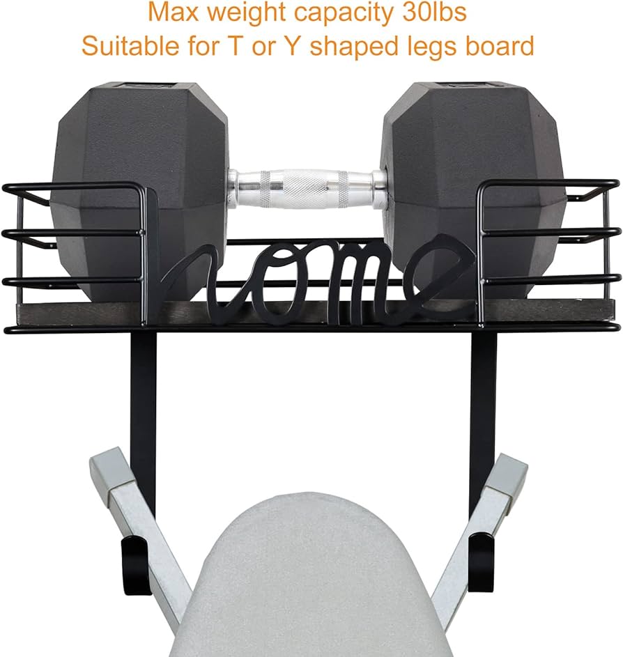 Ironing Board Hanger Wall Mount- Laundry Room Decor- Iron and Ironing Board Holder, Laundry Room Organization and Storage with Large Storage Dark Gray Wooden Base Basket and Removable Hooks