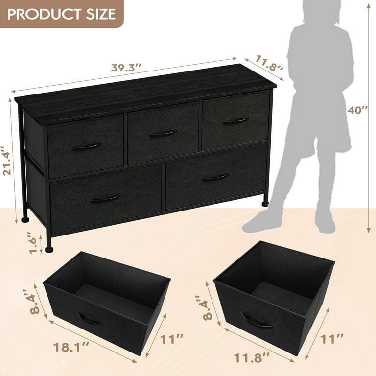 Dresser for Bedroom with 5 Drawers, Wide Chest of Drawers, Fabric Dresser, Storage Organizer Unit with Fabric Bins for Closet, Living Room, Hallway