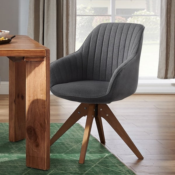 Mid-Century Modern Swivel Accent Chair with Beech Wood Legs, Grey Upholstered Cute Desk Chair Without Wheels for Home Office Living Room Bedroom