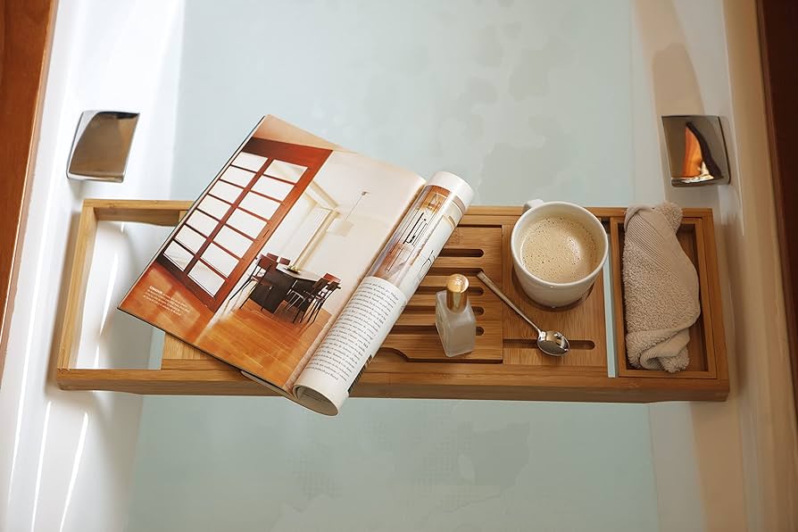 Bamboo Bathtub Caddy Tray, Expandable Bathtub Caddy Tray for Luxury Bath, Includes Cotton Towel, Soap Dish, Wine Glass Slot and Tablet Holder, Best Gift (Bamboo)