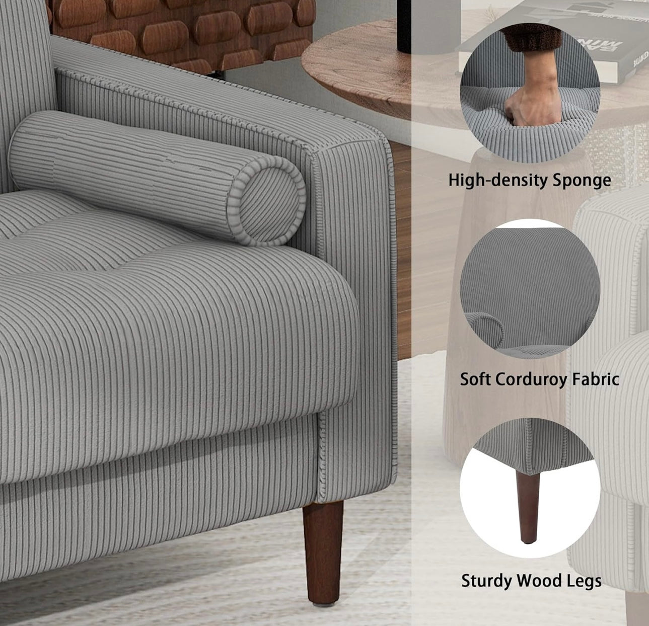 Oversized Accent Chair.Corduroy Fabric Mid Century Modern Armchair with Large Seat for Living Room Bedroom Reading