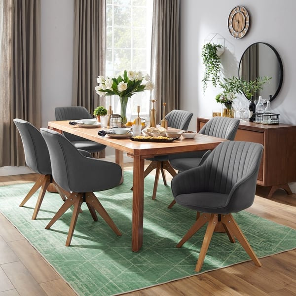 Mid-Century Modern Swivel Accent Chair with Beech Wood Legs, Grey Upholstered Cute Desk Chair Without Wheels for Home Office Living Room Bedroom