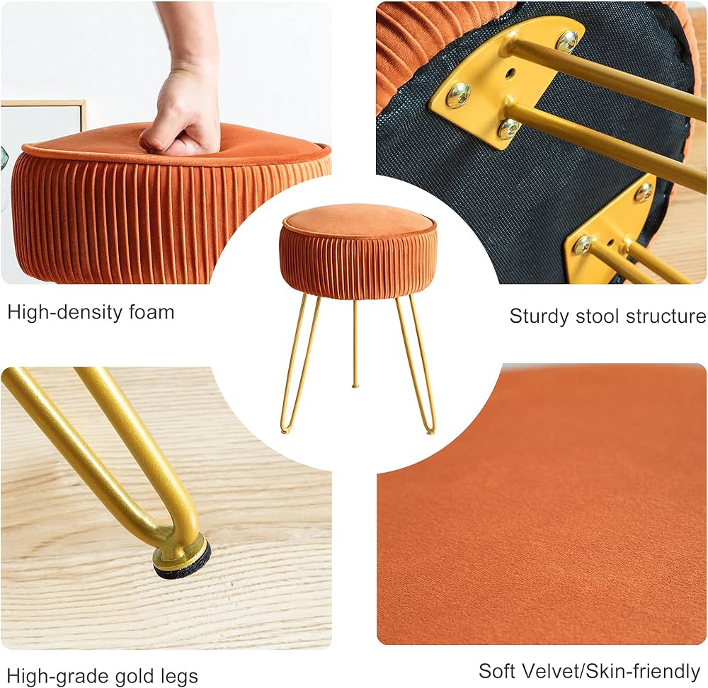 Pleated Vanity Stool, Velvet Upholstered Vanity Stool for Makeup Room, Round Mondern Stool for Vanity, Ottoman Footrest Stool with Metal Legs for Living Room, Bedroom, Pumpkin Brown