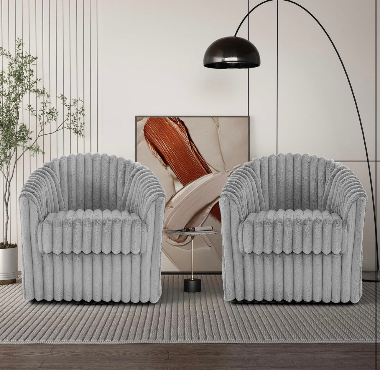 Swivel Barrel Accent Chair, Round Faux Fur Fabric Armchair for Living Room, Bedroom, Comfy Modern Mid Century Reading Chair for Adults (Grey, Set of 1)