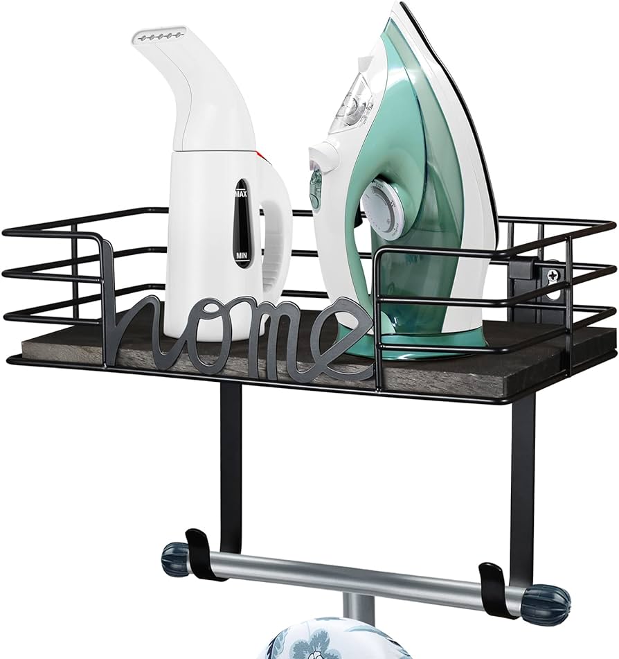 Ironing Board Hanger Wall Mount- Laundry Room Decor- Iron and Ironing Board Holder, Laundry Room Organization and Storage with Large Storage Dark Gray Wooden Base Basket and Removable Hooks