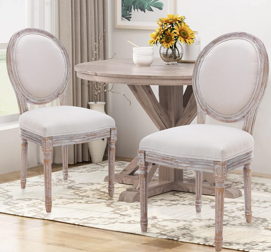 French Country Vintage Dining Chairs with Round Back, Solid Wood Legs, Accent Side, Upholstered for Farmhouse, Dining Room, Kitchen/Living Room/Bedroom-Classic Beige