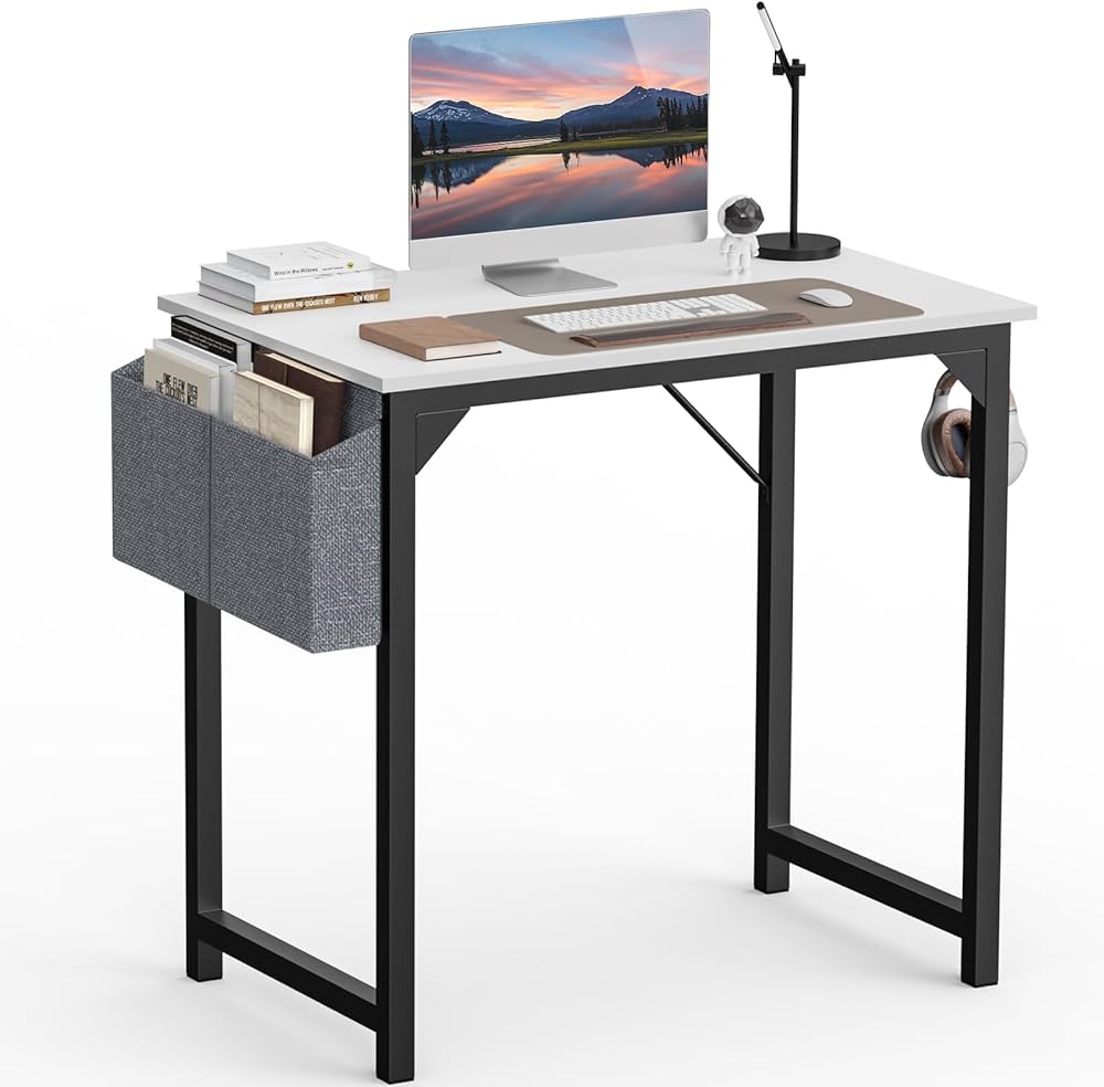 Computer 32 Inch Writing Office Small Space Desk Study Modern Simple Style Work Table with Storage Bag Headphone Hook Metal Frame for Home, Bedroom, 32-Inch