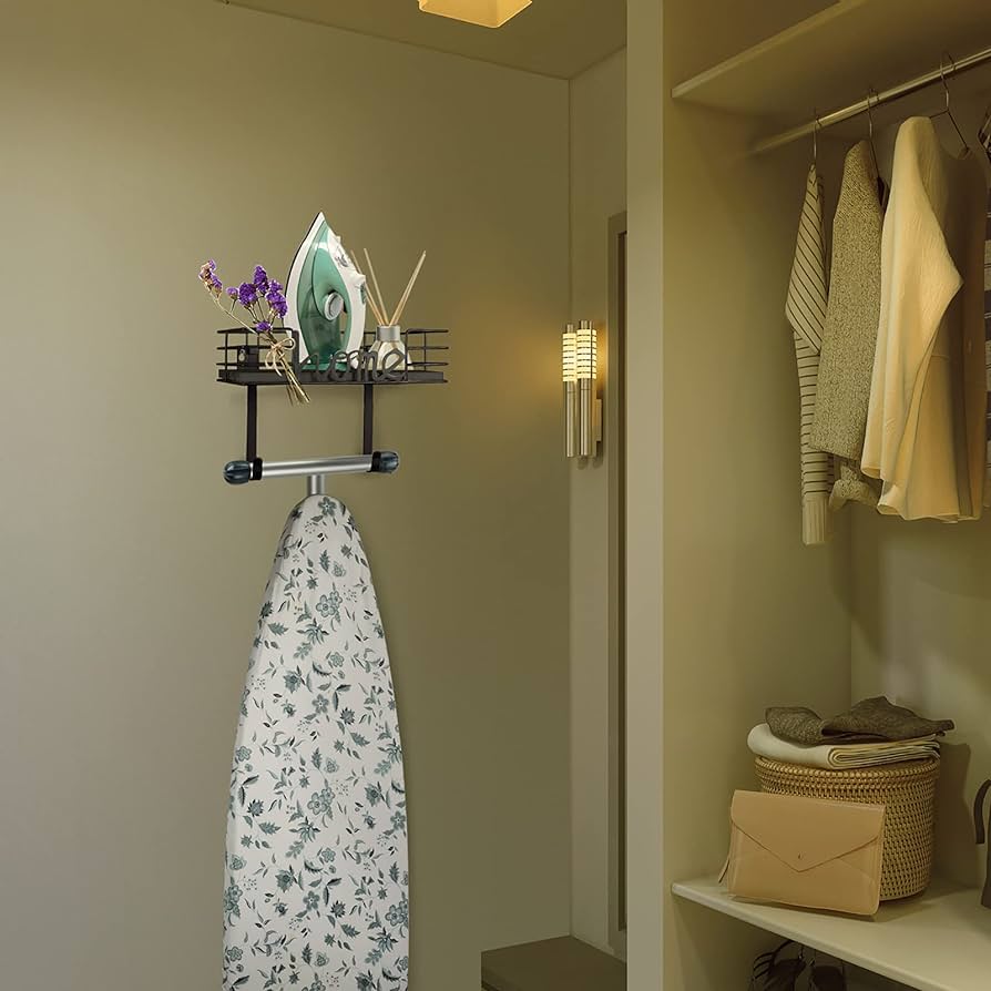 Ironing Board Hanger Wall Mount- Laundry Room Decor- Iron and Ironing Board Holder, Laundry Room Organization and Storage with Large Storage Dark Gray Wooden Base Basket and Removable Hooks