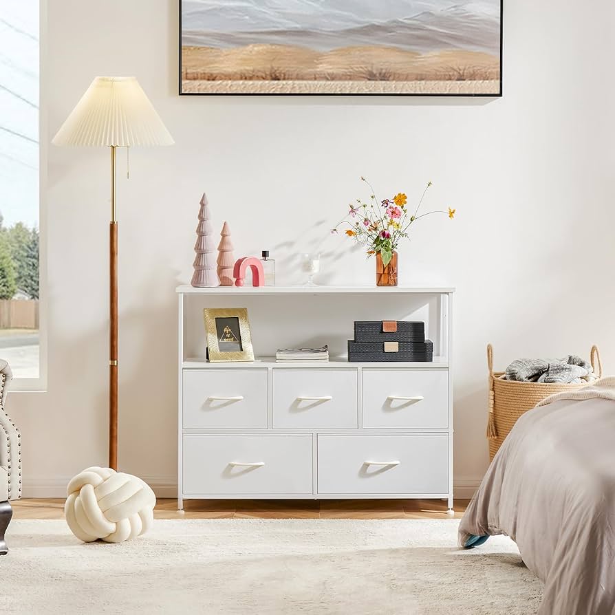 TV Stand for Bedroom, TV Dresser for 45 inches, Media Console Table, ETV Stand for Bedroom, TV Dresser for 45 inches, Media Console Table, Entertainment Center with 5 Fabric Drawers Cabinet and Open Storage Shelf Furniture Cabinet for Living Room, Hallway