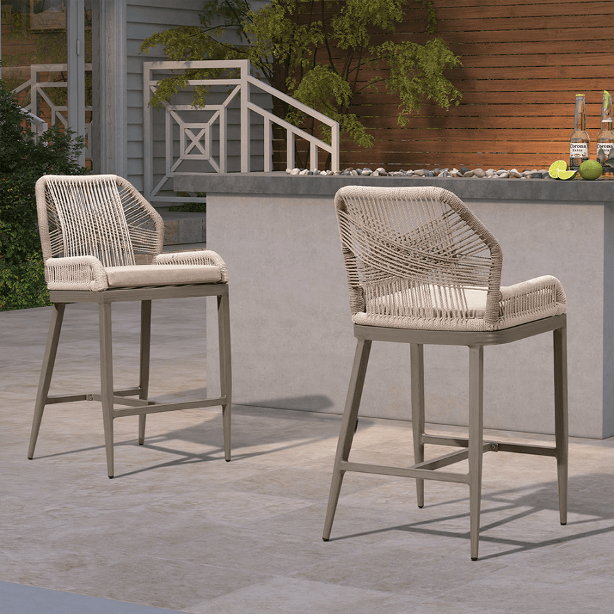 PURPLE LEAF Outdoor Bar Stool. Set of 2.Modern Counter Height Stool, Cushion Included. LT GREY. 24.8”