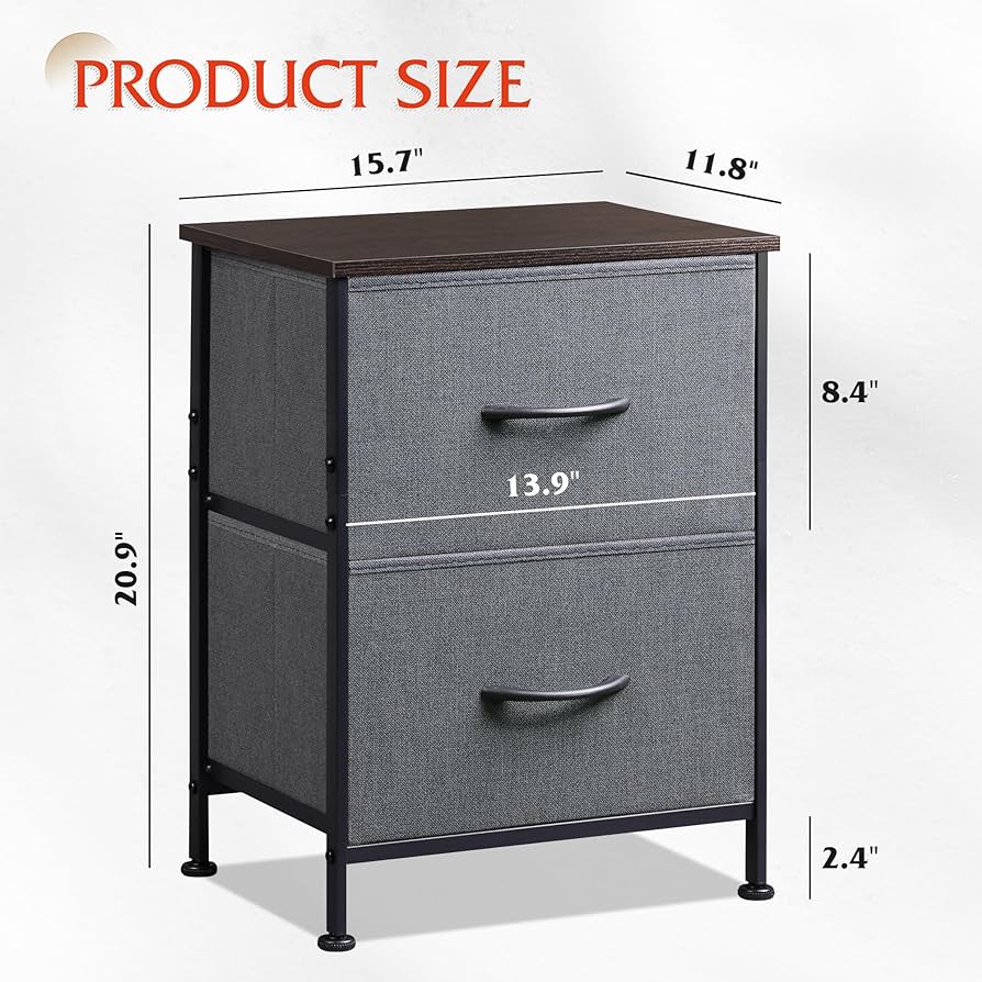 Nightstand, 2 Drawer Dresser for Bedroom, Small Dresser with 2 Drawers, Bedside Furniture, Night Stand, End Table with Fabric Bins for Bedroom, Closet, Entryway, College Dorm