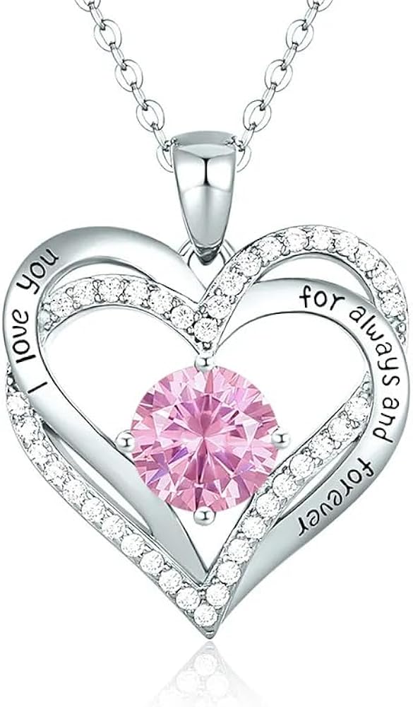 Forever Love Heart Pendant Necklaces for Women 925 Sterling Silver with Birthstone Zirconia, Christmas Birthday Anniversary Jewelry Gift for Women Wife Girls Her