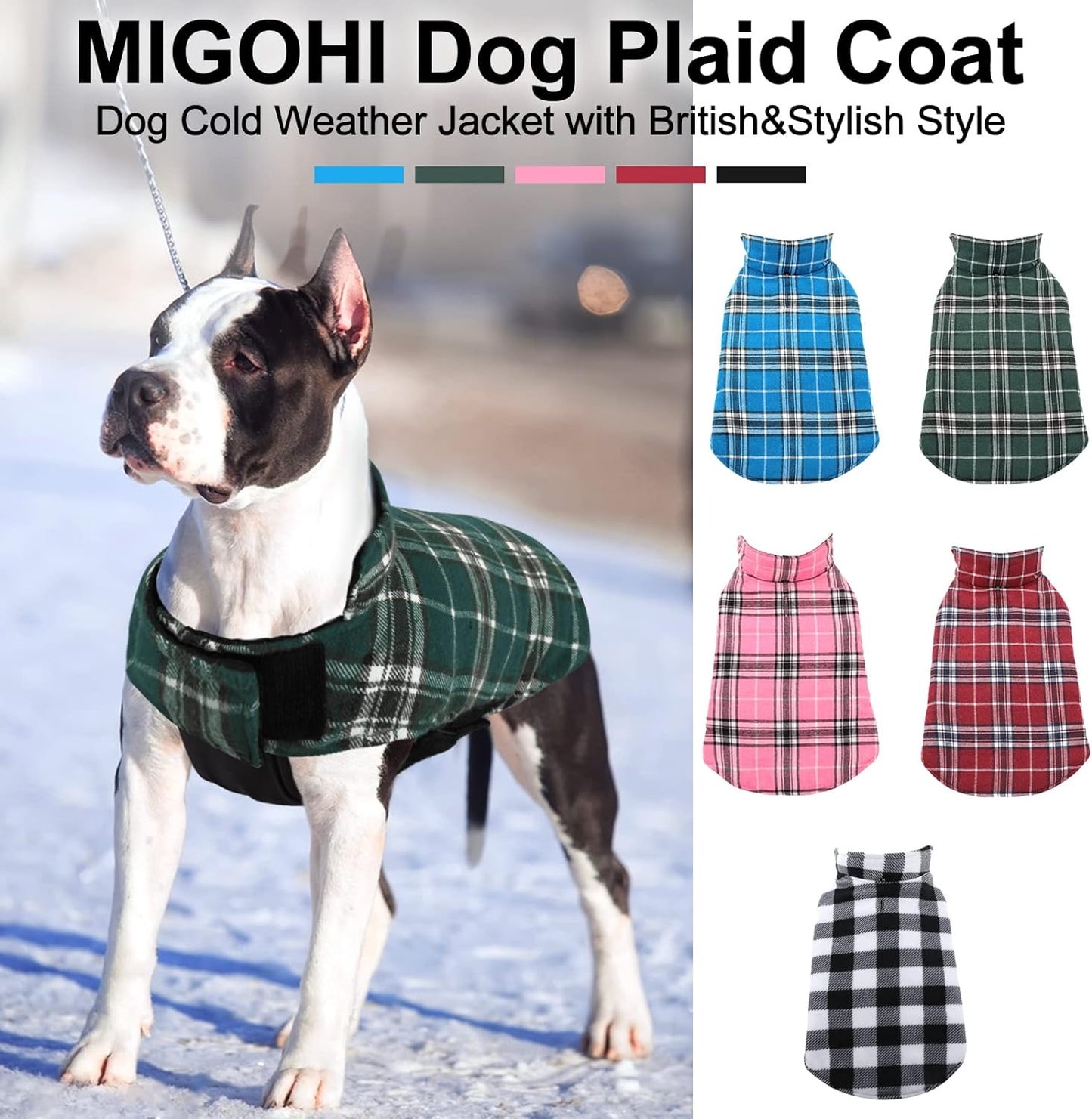 Dog Jackets for Winter, Reversible Dog Coat Windproof Waterproof Dog Winter Jackets for Cold Weather, British Style Plaid Dog Coats Warm Dog Vest for Small Medium Large Dogs, Green