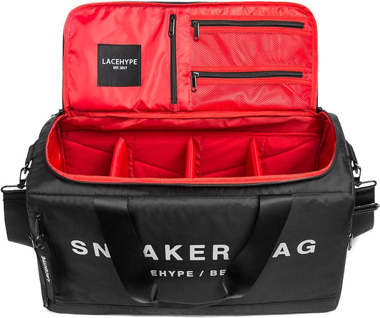 Sneaker Bag, Duffel Bag, Gym Training Bag, Travel Bag, Basketball Bag, Footbal Bag with 3 adjustable compartment dividers (Black/red "Sneaker Bag)