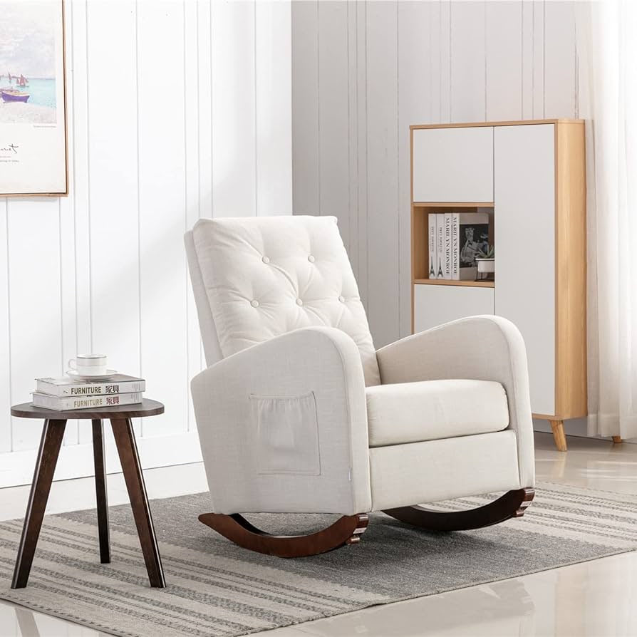 Rocking Chair Mid-Century Modern Nursery Rocking Armchair Upholstered Tall Back Accent Glider Rocker for Living Room (Off-White - Polyester)