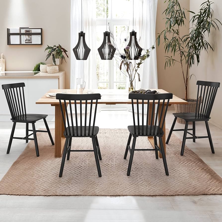 Set of 4 Windsor Dining Chair(no table), Spindle Back Wood Chairs, Black