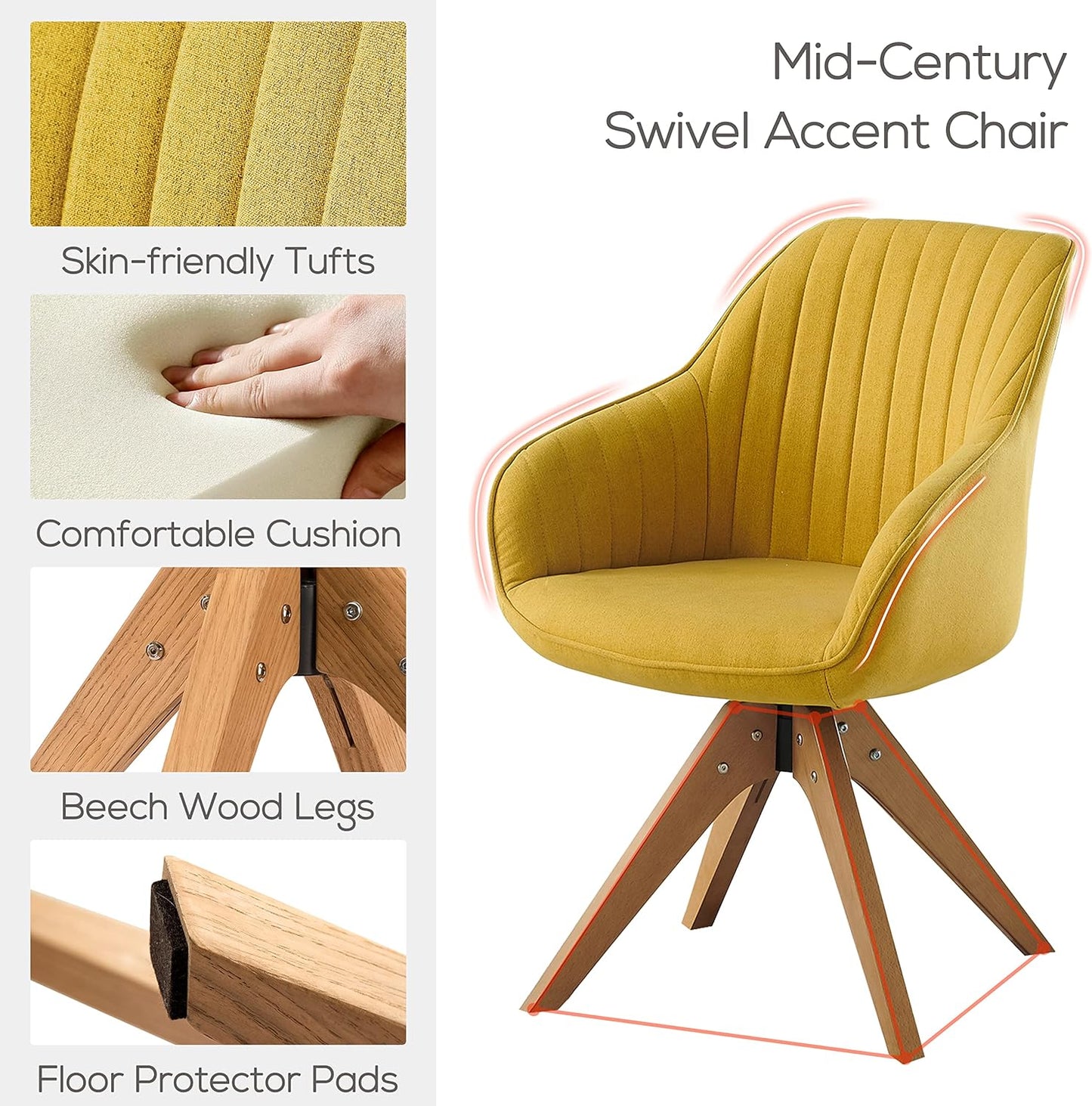 Mid Century Modern Fabric Upholstered Swivel Dining Room Chair with Wood Legs, Leisure Side Chair with Arms for Living Room, Yellow