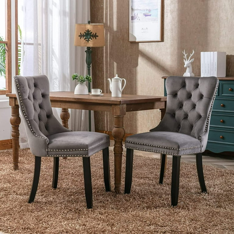 Velvet Fabric Dining Chairs Luxury Tufted Back with Nailed Trim and Back Ring Pull Home Kitchen Dining Room Chairs Armless Accent Side Chairs Solid Rubber Wood Legs.Grey