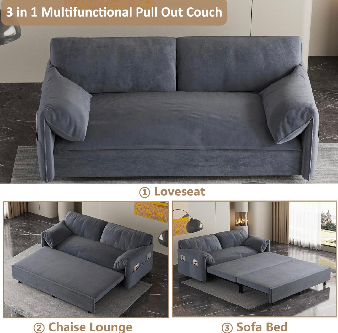 63" Queen Pull Out Sofa Couch Bed, 3 in 1 Convertible Sleeper Sofa with Side Storage, Velvet Loveseat Recliner for Living Room, Apartment, Small Space, Grey