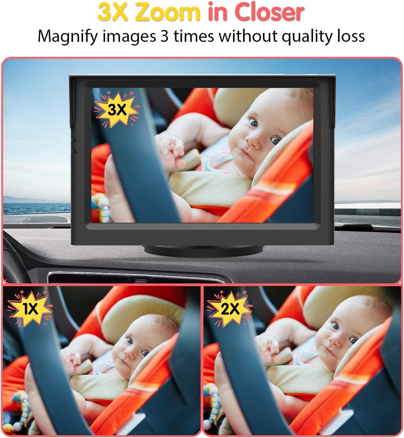 Baby Car Camera, 5'' 1080P Mirror Monitor with IR Night Vision, 3X Zoom in Closer, Full Crystal Clear View for Back Seat Rear Facing, 5 Mins Easy Installation