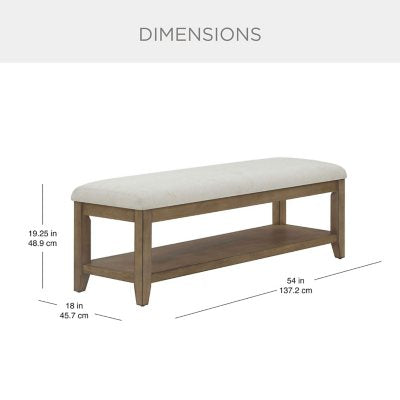 Westport Beige Fabric Upholstery and Wood Bench with Lower Storage Shelf