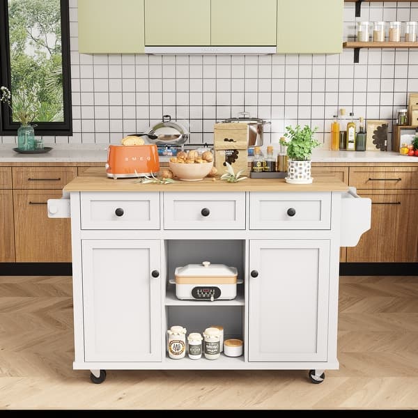 White Rubber wood Drop-Leaf Counter top 53 in. Kitchen Island on 5-Wheels with Storage Cabinet and 3 Drawers