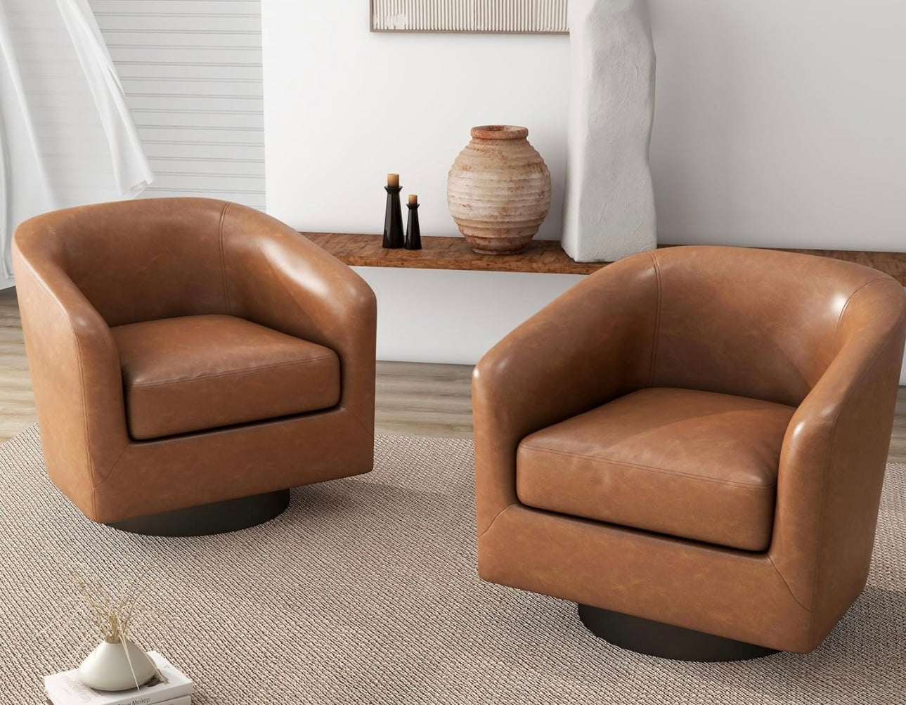 360° Swivel Barrel Accent Chair Armchair, PU Leather Round Club Arm Chair for Lving Room, Modern Upholstered Small Bedroom Single Sofa Seat - Brown