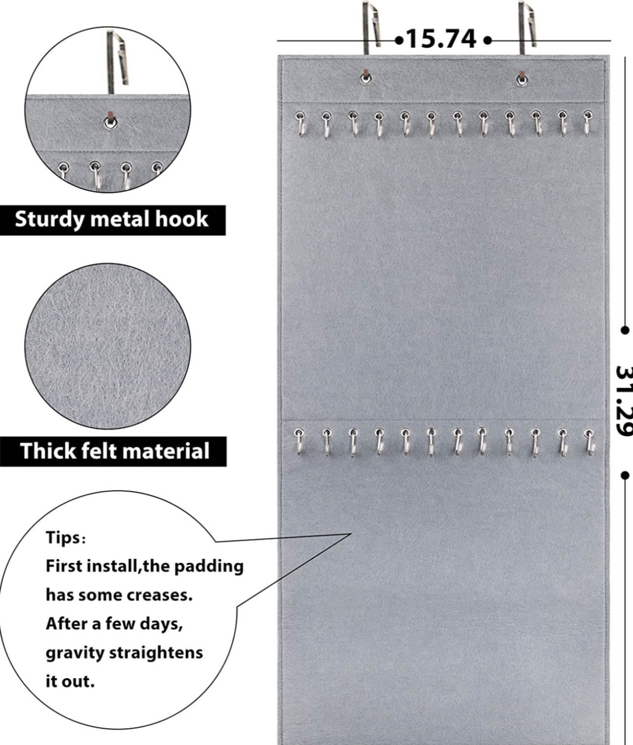 Jewelry Organizer Hanging Necklace Storage Holder 24 Hooks 1 pack Gray