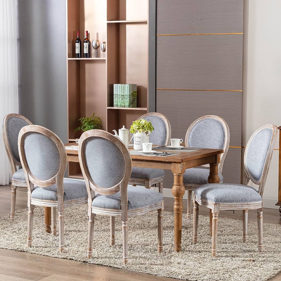 7 pcs Dining Table Set.Wood Table+6 PCS Chairs. Accent Upholstered Chairs,Solid Wood Leg