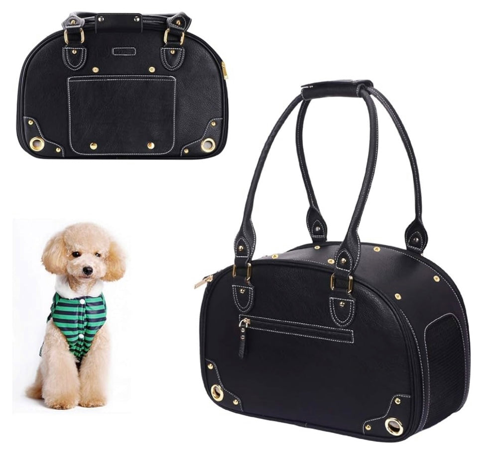 Dog Carrier Purse, Pet Carrier, Cat Carrier, Foldable Waterproof Premium PU Leather Pet Travel Portable Bag Carrier for Cat and Small Dog Home & Outdoor Medium Black